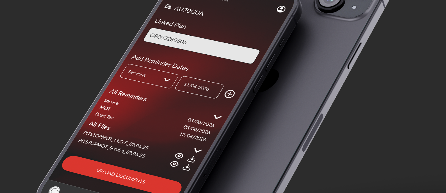 Genuine Autoguard App screenshot of a linked vehicle plan, document uploads and MOT and servicing reminders